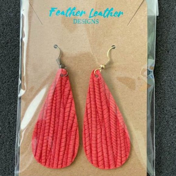 Feather Leather Burnt Orange Textured Leather Earrings Pierced Fishhook 2" long - Picture 1 of 4